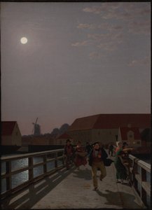 Langebro, Kopenhagen, in het Maanlicht met Rennende Figuren