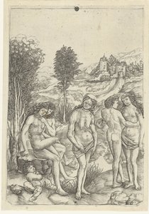 Oude vrouw en twee liefdesparen in landschap door Christoforo di Michele Robetta
