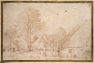 Rieten gebouwen, bijna kale bomen en een kudde ganzen door Kosma Sergejewitsch Petrow Wodkin
