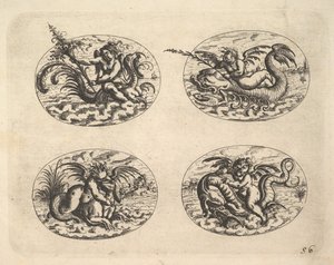 Vier ovalen met genieën, platen uit het Neue Grotessken Buch, 1610