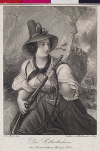 Meisjes uit het Zillertal in de Tiroolse vrijheidsstrijd 1809 (gravure) door Christoph Mahlknecht