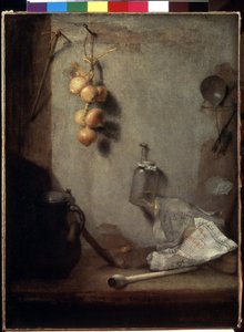 Stilleven met uien, keukentafel en glazen pot