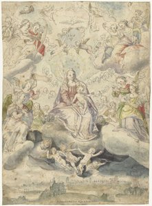 Maria en kind op de wolken te midden van engelen en cherubijnen