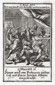 Simon en zijn twee zonen worden gedood door Ptolemaeus. 1 Makkabeeën 14:16, 1695 door Christoph Weigel
