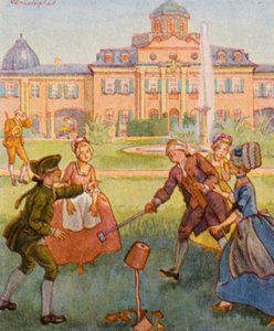 Topfschlagen / Pot Hitting (kleur litho) door Christophe (1856 1945)