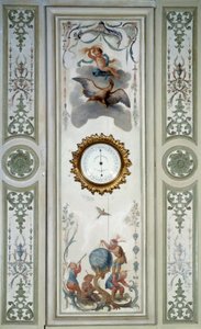 Paneel van de grote woonkamer van het Chateau de Champs sur Marne met barometer en chinoiserie door Christophe Huet