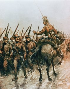 Lansier van het Belgische Gidsenkorps passeert Franse infanterie op weg naar het front in 1914
