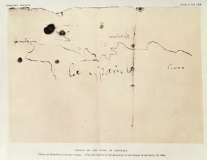 Schets van de kust van Hispaniola, getekend door Columbus tijdens de eerste reis, uit het origineel in het bezit van de Duque de Berwick y de Alba, 1492 door Christopher Columbus