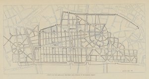 Plan van Sir Christopher Wren voor de herbouw van het verbrande gebied over de bestaande straten door Christopher Wren