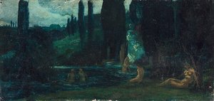 Duits: Badende vrouwen in de avond in een zuidelijk landschap door Circle of Arnold Böcklin