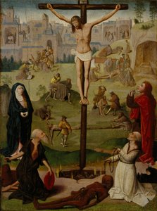 De kruisiging met St. Jerome en St. Dominic en scènes uit de passie door Circle of Geertgen tot Sint Jans
