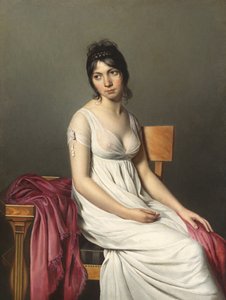 Portret van een jonge vrouw door Circle of Jacques Louis David