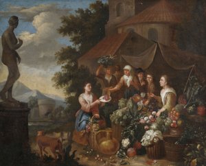 Groenten en bloemen verkopen bij een Italiaanse marktkraam. door Circle of Norbert van Bloemen