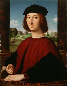 Portret van een jongeman in rood door Circle of Raphael