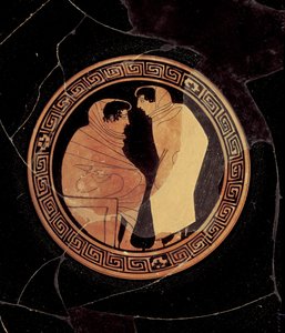 Attische rood-figuur kylix met een gesprek tussen twee mannelijke figuren, c.450 v.Chr. (detail)