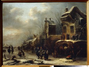 Schaatsbaan op een rivier door Claes  Molenaer