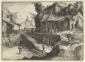Bergdorp met huizen en trappen door Claes Jansz. Visscher (II)