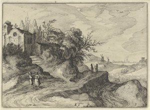 Kapel aan een slingerende landweg door Claes Jansz. Visscher (II)