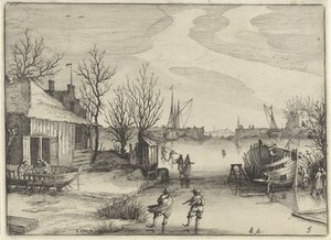 Scheepswerf aan een bevroren kanaal door Claes Jansz. Visscher (II)