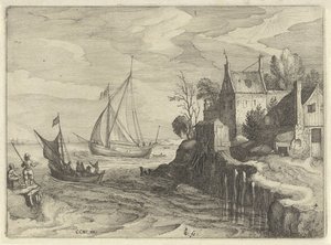 Schepen bij de kust door Claes Jansz. Visscher (II)