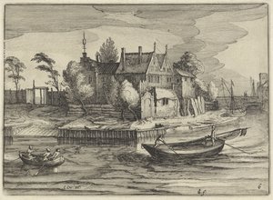 Sloepen bij een landgoed door Claes Jansz. Visscher (II)