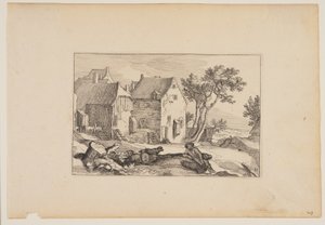 Een boerenerf, rustende herder op de voorgrond, uit Landschappen (Verscheyden aerdige Lanthuysen...) door Claes Jansz. Visscher