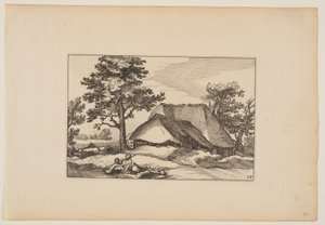 Schuren, rustende kudde en hond op de voorgrond, uit Landschappen (Verscheyden aerdige Lanthuysen...) door Claes Jansz. Visscher