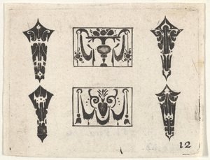 Blackwork Print met Twee Horizontale Panelen en Vier Bezelstenen, ca. 1620