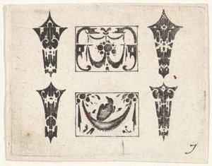 Blackwork print met twee horizontale panelen en vier bezels, ca. 1620