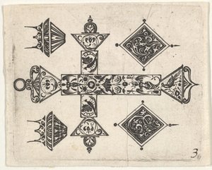 Blackwork print met een Latijns kruis en vier motieven, ca. 1620 door Claes Jansz Visscher
