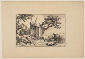 Bouwvallige schuur met kudde en vee, uit Landschappen (Verscheyden aerdige Lanthuysen...) door Claes Jansz. Visscher
