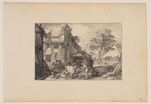 Boerenerf, met verloren zoon tussen de varkens, uit Landschappen (Verscheyden aerdige Lanthuysen...)