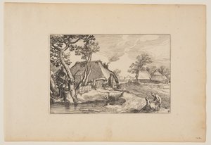 Oude man en vrouw rustend bij een vijver, uit Landschappen (Verscheyden aerdige Lanthuysen...) door Claes Jansz. Visscher
