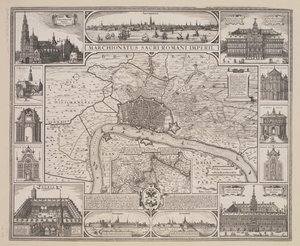 Plan van Antwerpen met uitzicht op de stad en de belangrijkste gebouwen door Claes Jansz. Visscher