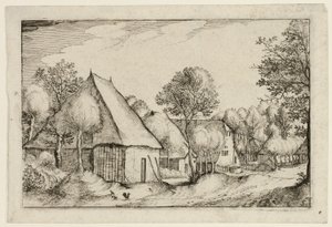 Een boerenerf, plaat vijf naar Afbeeldingen van boerderijen, landhuizen en rustieke dorpen (Praediorum villarum et rusticarum casularum icones) door Claes Jansz. Visscher II