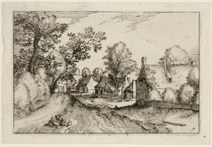 Een dorpsweg, plaat zeven naar afbeeldingen van boerderijen, landhuizen en rustieke dorpen (Praediorum villarum et rusticarum casularum icones) door Claes Jansz. Visscher II