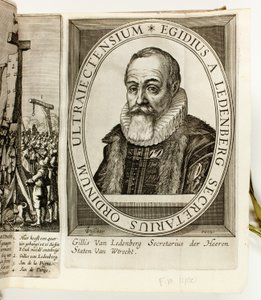 Een album met Nederlandse politieke prenten en pamfletten over Prins Maurits van Oranje en Johan van Oldenbarnevelt door Claes Jansz. Visscher II