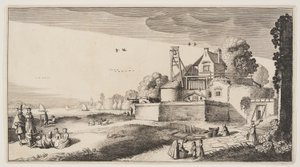 Bleekveld voor een fort aan een rivier, uit Landschappen (Playsante Lantschappen)