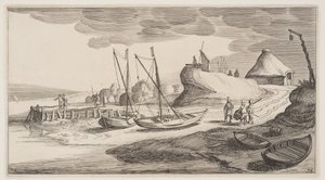 Boten aan wal bij een uitkijktoren, uit Landschappen (Playsante Lantschappen)