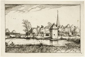Vijver en een dorp, plaat vijftien naar afbeeldingen van boerderijen, landhuizen en rustieke dorpen (Praediorum villarum et rusticarum casularum icones)