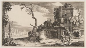 Vierkante toren gebruikt als herberg bij een rivier, uit Landschappen (Playsante Lantschappen)