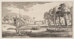 Reizigers in rieboten naderen een dorp, uit Landschappen (Playsante Lantschappen)