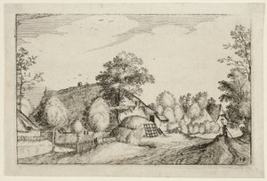 Dorpsweg, plaat twaalf naar Afbeeldingen van boerderijen, landhuizen en rustieke dorpen (Praediorum villarum et rusticarum casularum icones) door Claes Jansz. Visscher II
