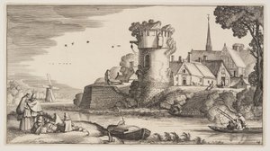 Uitkijktoren bij een rivier, uit Landschappen (Playsante Lantschappen)