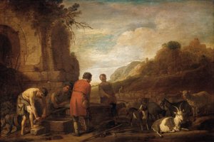 De ontmoeting van Jakob en Rachel (Genesis 29:10) door Claes Moeyaert