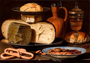 Dutch: Stilleven met kazen, amandelen en krakelingen Still Life with Cheeses, Almonds and Pretzels