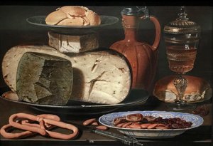 Dutch: Stilleven met kazen, amandelen en krakelingen Still Life with Cheeses, Almonds and Pretzels