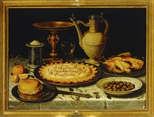 Stilleven - Maaltijd met geroosterde kip, brood en olijven ...