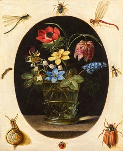 Stilleven met bloemen omringd door insecten en een slak