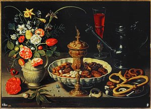 Tafel met kruik, bloemen, gedroogd fruit ...